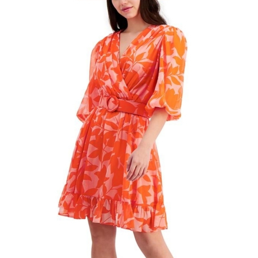Taylor Chiffon Belted Dress Puff Sleeve Orange & Pink Anthropologie Feminine 12
